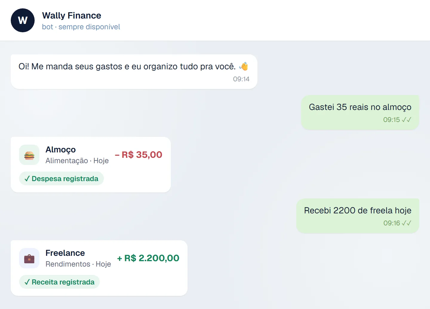Conversa com o bot do Wally no Telegram registrando um gasto